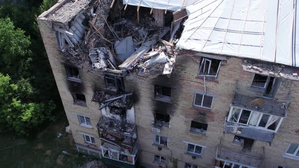 Aerial View of a Destroyed Building in the City of Makariv Ukraine