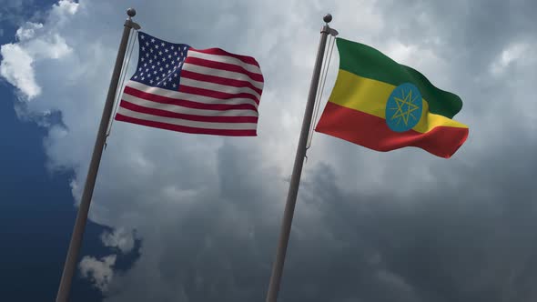 Waving Flags Of The United States And Ethiopia 4K