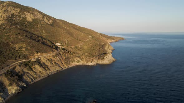 Aerial view of the coastline at sunset, Elba Island, Tuscany, Italy.