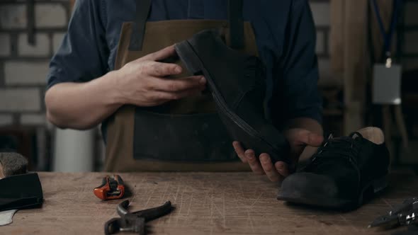 Shoemaker Makes Leather Shoes for Men Sole of Shoe Handmade Craft DIY Process Craftsman Making Boots