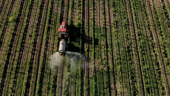 Industrial vehicle is riding along the field and spraying fertilizer.