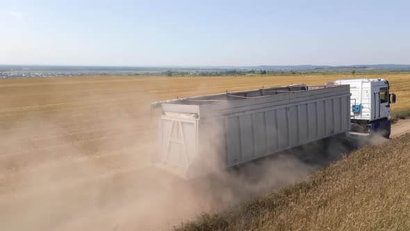 Aerial View of Cargo Truck Driving on Dirt Road Between Agricultural Wheat Fields Making Lot of Dust