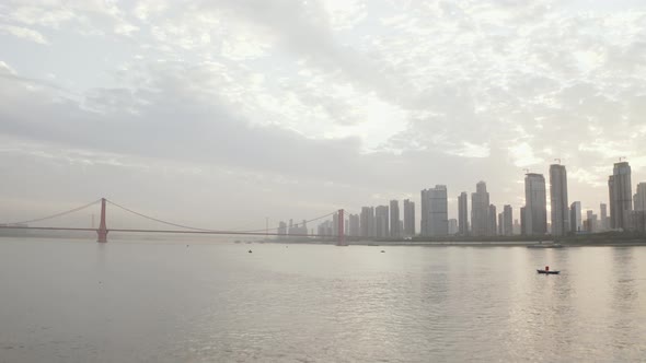 Aerial view of Yangtze River bridge in Wuhan downtown, China.