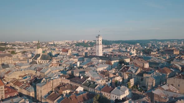 Aerial City Lviv, Ukraine. European City. Popular Areas of the City. Town Hall