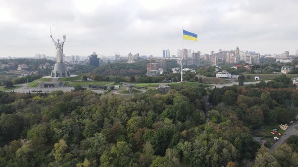 Aerial View of the Flag of Ukraine in Kyiv. Slow Motion. Kiev