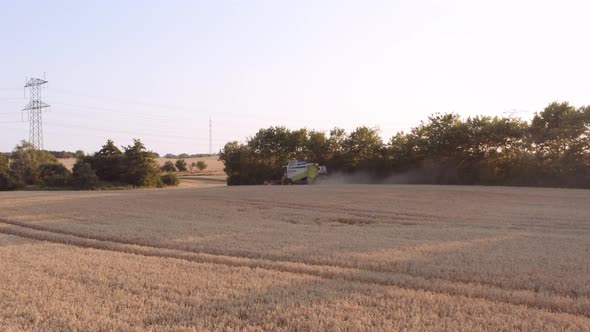 Drone Of Combine Harvester Harvesting At Sundown