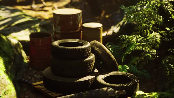 Discarded Car Tires in the Forest