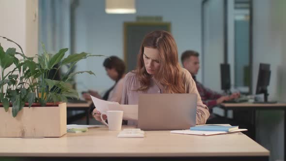 Business Woman Checking Papers. Concentrated Worker Looking on Documents