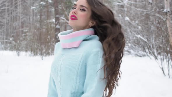 Stylish Young Woman Walking Towards Winter Forest