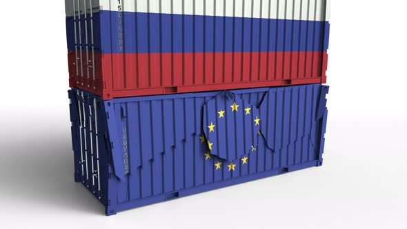 Container with Flag of Russia Breaks Container with Flag of the EU