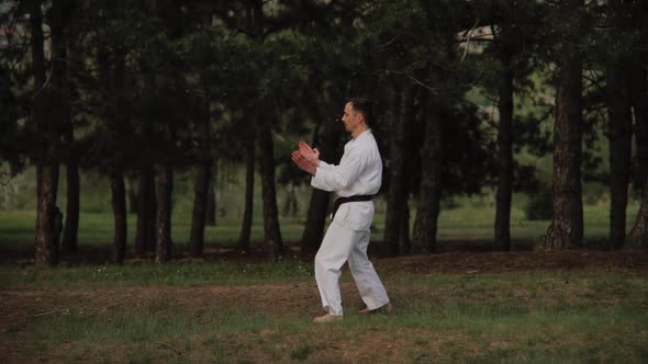 a Fighter of Martial Arts is Training Dressed in Kimono