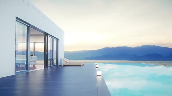 Modern Luxury House With Pool At Dawn