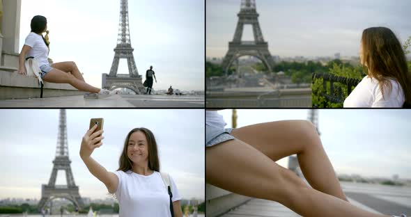 a Collage of Four Videos. a Woman in Casual Clothes and with Long Dark Hair Is Sitting in a City