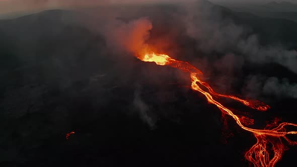 Aerial View of Richly Branching Lava Stream on Slope Flowing From Volcano Crater