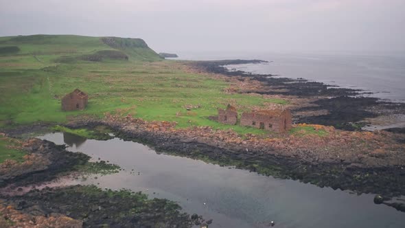 Ruins on Rathlin Island off the Antrim Coast of Northern Ireland. Aerial drone view