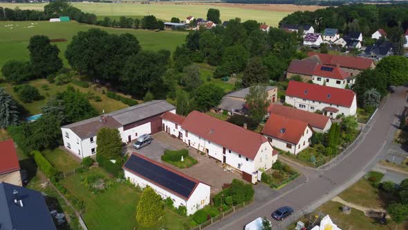 A horse farm Vacation in the country.Marvelous aerial view flight Drone top-down viewat Countrysid