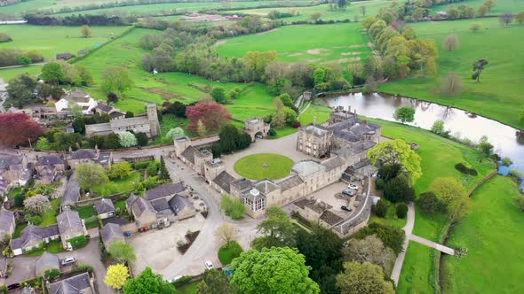 Aerial footage of the small village of Ripley in Harrogate, North Yorkshire in the UK