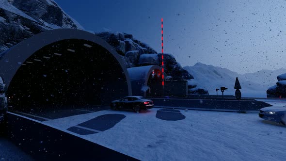 Vehicles Passing Through Tunnel in Snowy Weather