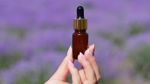 The lavender essential oil in a beautiful bottle in a female hand against lavender background