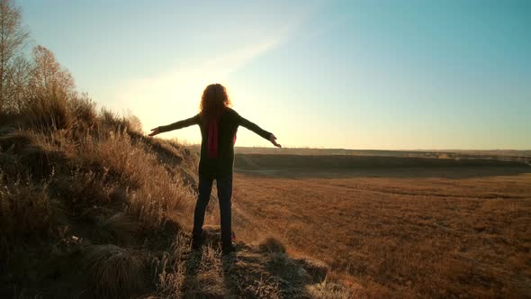 Autumn Landscape, Woman Traveler Having Fun at Sunrise