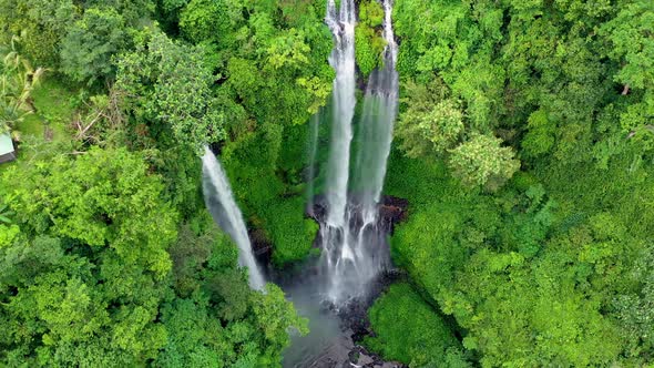 Sekumpul waterfall, Bali, Indonesia. Aerial view on the waterfall. Landscape from air