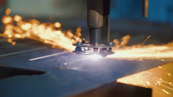 Automated Plasma Cutting of Metal Sheet on Modern Laser Cnc Machine on Factory