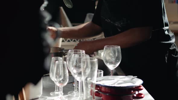 Chef in Gloves Washes the Pan Market Open Kitchen Restaurant Cafe