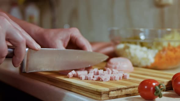 Cutting Sausage Doktorskaia for Olive Salad Russian Salad