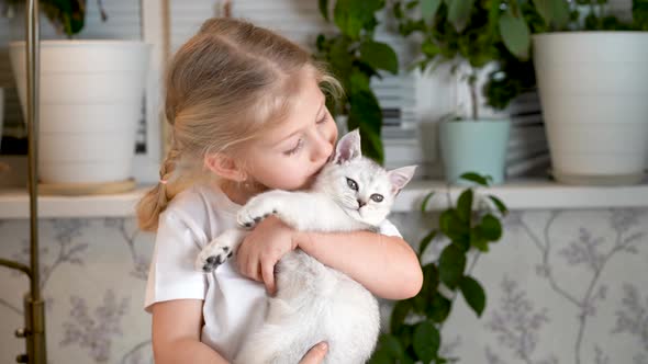 a Little Girl Holds and Hugs a Small White Kitten