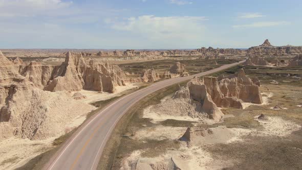 Road in Badlands National Park, South Dakota. Aerial view