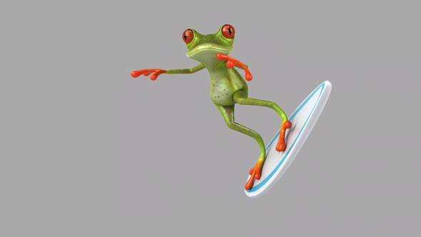 Fun 3D cartoon frog surfing with alpha channel