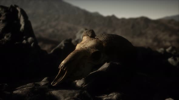 European Mouflon Ram Skull in Natural Conditions in Rocky Mountains