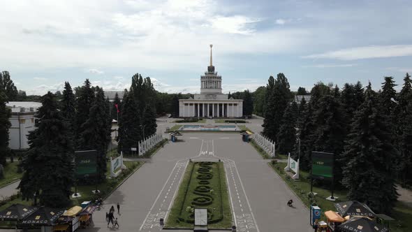 Aerial shot of Expo Center of Ukraine. Backwards dolly.