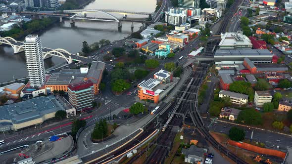 Aerial View Of Railroad At Roma Street Station In Brisbane CBD, Queensland, Australia.
