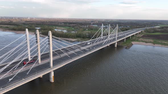 Road Surface and Traffic on Tacitusbrug Bij Ewijk Modern Suspension Bridge Crossing the River Waal