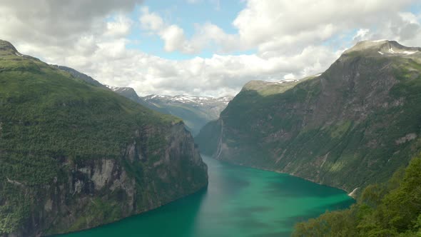 Aerial View Of Geiranger Fjord Listed As UNESCO World Heritage Site In Sunnmore, More og Romsdal, No