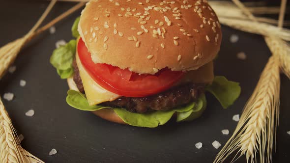 Delicious Cheeseburger on a Black Table with Salt Crystals