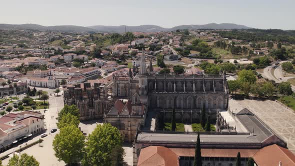 Stunning view of Batalha monastery or Santa Maria da Vitoria convent, Portugal. Aerial rising