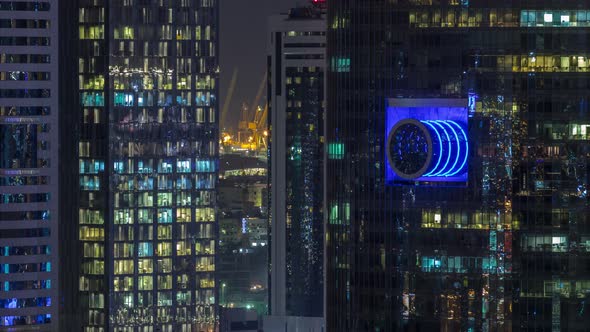 Skyscrapers Aerial View in Downtown and Financial District Dubai Night Timelapse United Arab