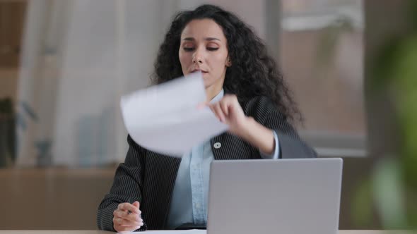 Stressful Busy Woman Girl Commercial Director Notary Catching Papers From Air Signing Documents