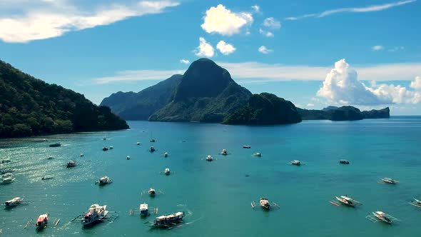 Aerial of boats in El Nido bay, Palawan, Philippines