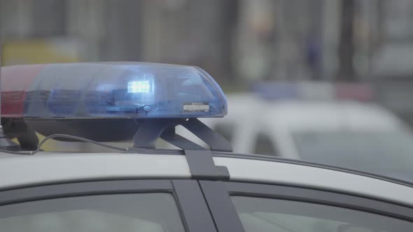 Flashing Flasher on the Roof of a Police Car. Blinker. Close-up.