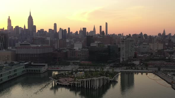 An aerial view of Manhattan's Little Island in the morning. The camera truck left and pan right over