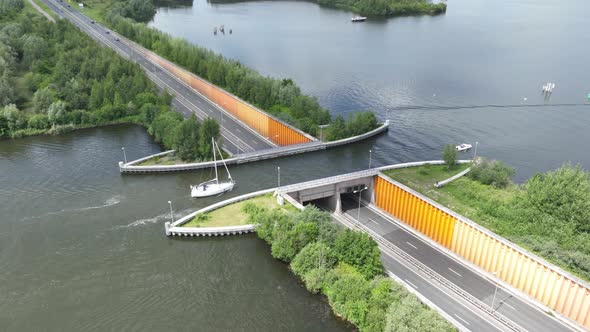 Aqueduct Veluwemeer Hyperlapse Near Harderwijk Transport Asphalt Motorway Road for Traffic Crossing