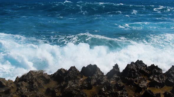 Waves Breaking Over Dangerous Rocks Sea Storm Concept Sunny Daytime Seascape Devastating and