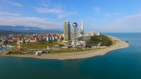 Buildings Standing on Seacoast of Batumi Georgia, Aerial View from Sea, Resort