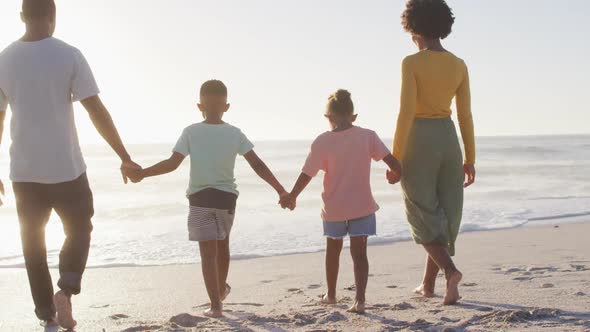 African american family walking and holding hands on sunny beach