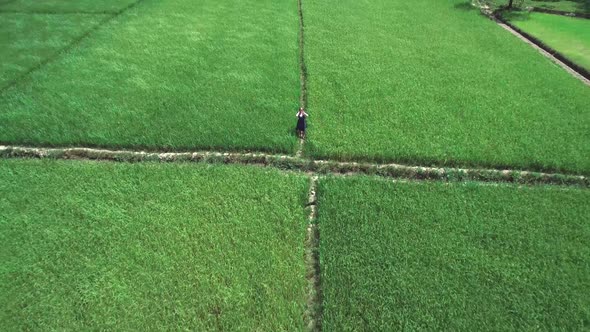 Aerial Drone Footage of Blond Girl in Blue Dress Standing in the Rice Fields in El Nido Philippines