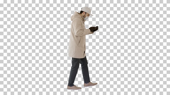 Caucasian man in a medical mask walking, Alpha Channel