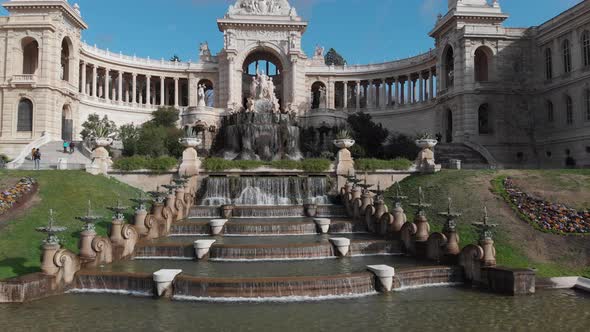 Aerial view of Palace Longchamp with cascade fountain in the heart of Marseille